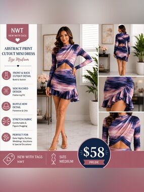Abstract Print Cutout Mini Dress - Purple Pink Blend